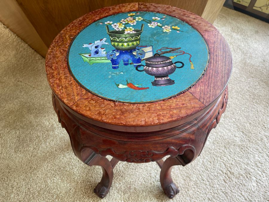 Chinese Wooden Table Stool Stand With Cloisonne Top 17.5W X 20.5H [Photo 2]