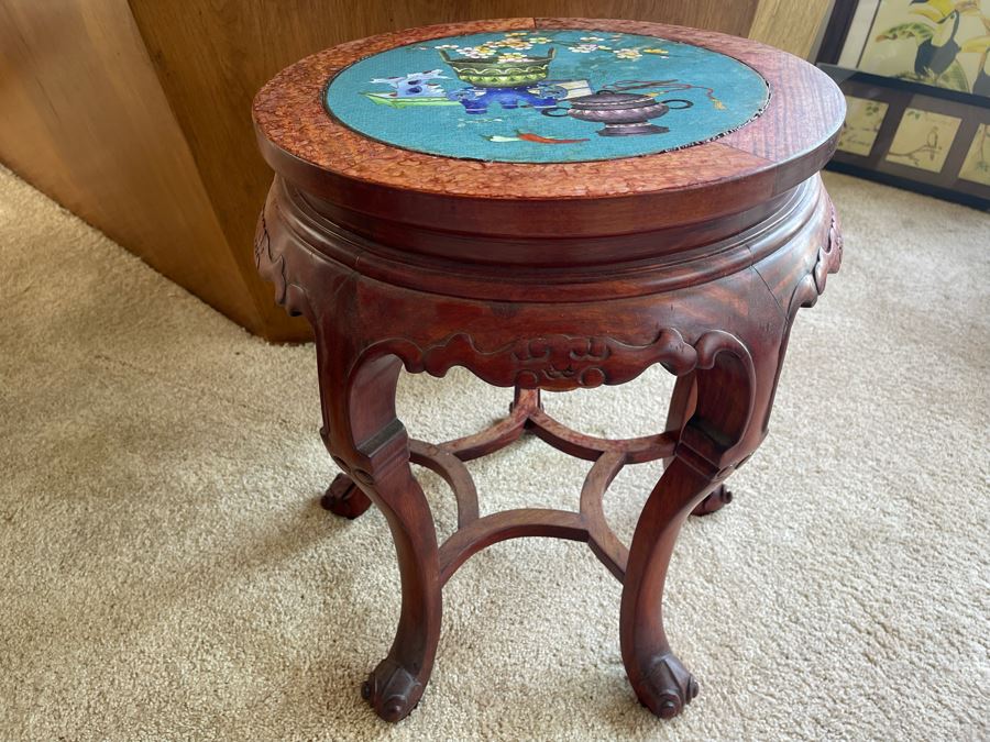 Chinese Wooden Table Stool Stand With Cloisonne Top 17.5W X 20.5H [Photo 1]