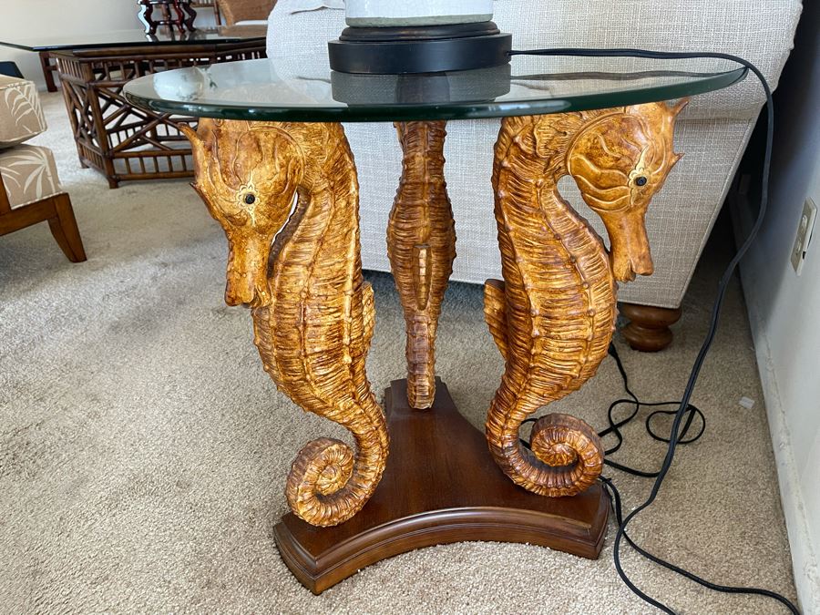 Tommy Bahama Home Landara Sea Horse Lamp Table With Glass Top 24R X 23H [Photo 1]