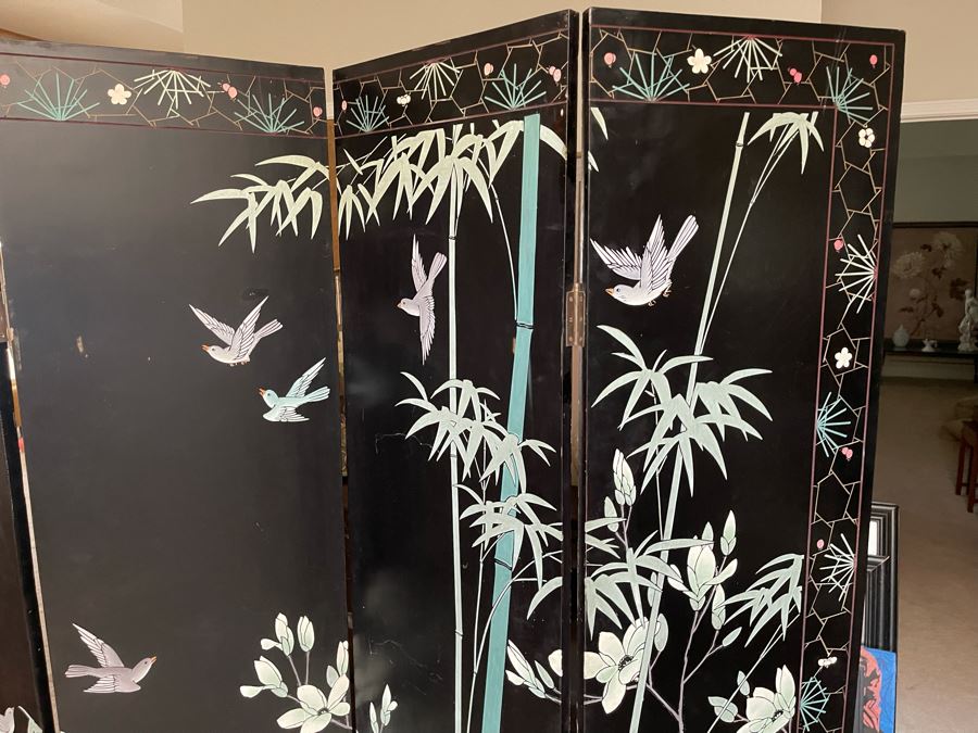 4-Panel Asian Screen Double Sided - One Side Is Gold Tones Other Is Black Tones 64W X 72H [Photo 15]