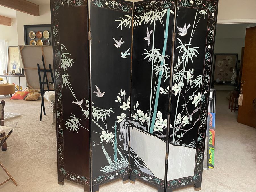4-Panel Asian Screen Double Sided - One Side Is Gold Tones Other Is Black Tones 64W X 72H [Photo 2]