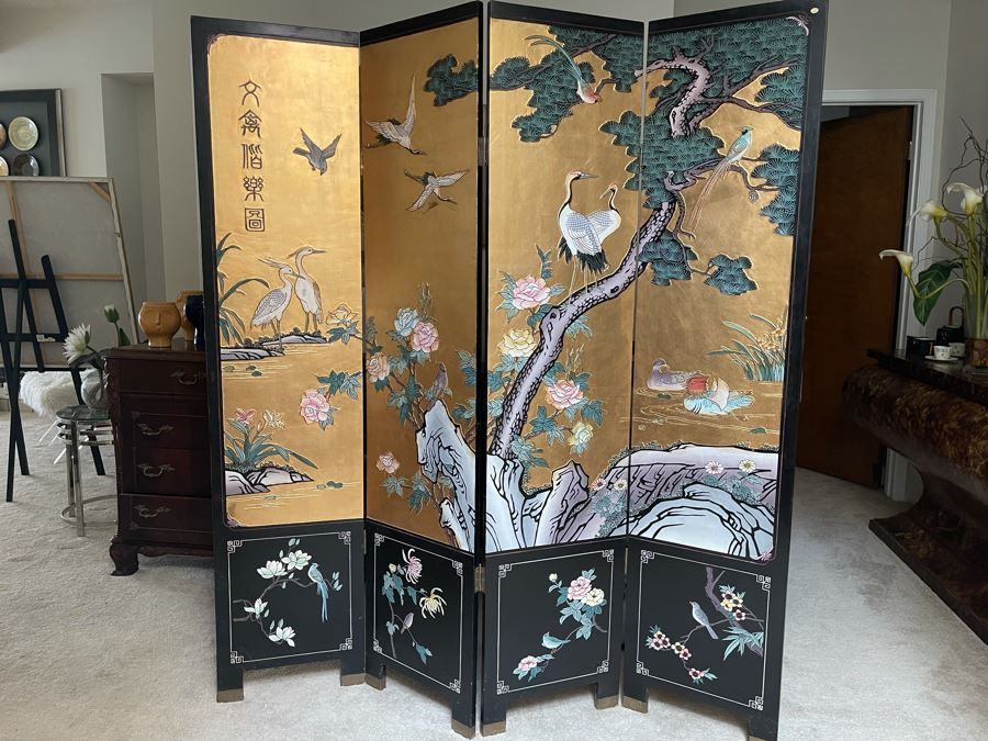 4-Panel Asian Screen Double Sided - One Side Is Gold Tones Other Is Black Tones 64W X 72H [Photo 5]