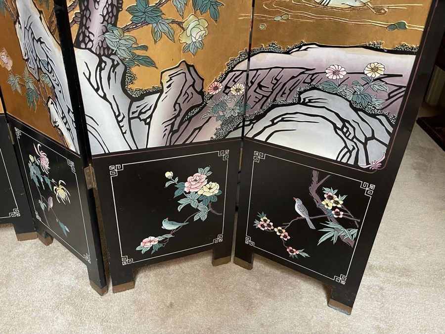 4-Panel Asian Screen Double Sided - One Side Is Gold Tones Other Is Black Tones 64W X 72H [Photo 11]
