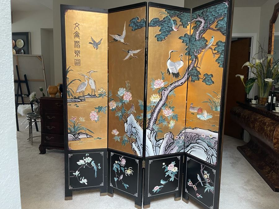 4-Panel Asian Screen Double Sided - One Side Is Gold Tones Other Is Black Tones 64W X 72H
