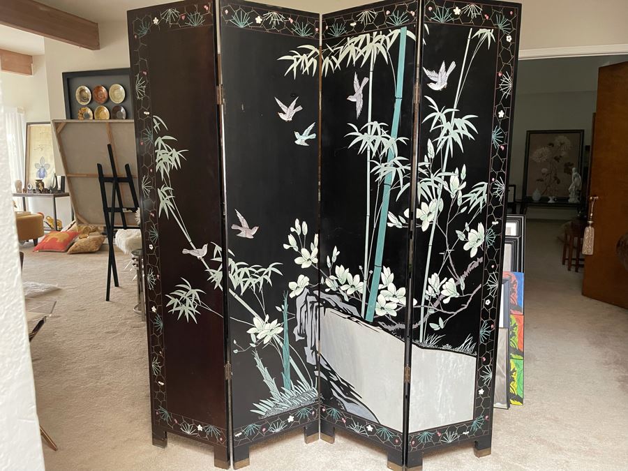 4-Panel Asian Screen Double Sided - One Side Is Gold Tones Other Is Black Tones 64W X 72H [Photo 12]