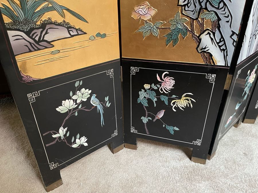 4-Panel Asian Screen Double Sided - One Side Is Gold Tones Other Is Black Tones 64W X 72H [Photo 9]