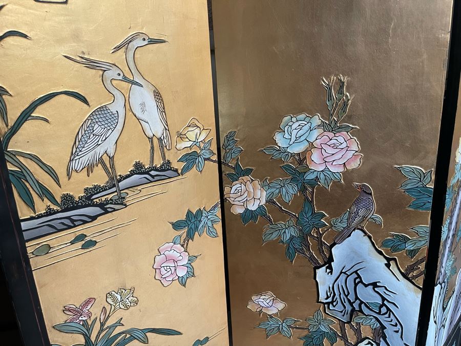 4-Panel Asian Screen Double Sided - One Side Is Gold Tones Other Is Black Tones 64W X 72H [Photo 8]
