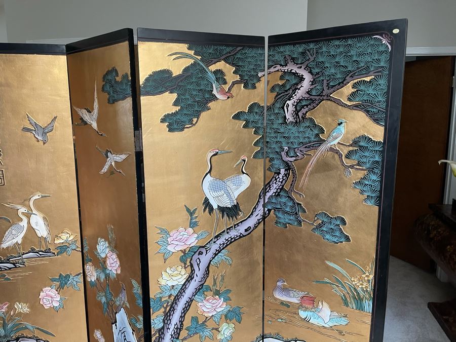 4-Panel Asian Screen Double Sided - One Side Is Gold Tones Other Is Black Tones 64W X 72H [Photo 10]