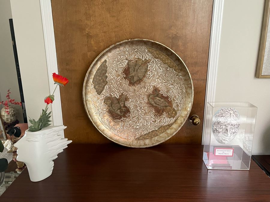 Maitland-Smith Large Decorative Gold Tone Charger Plate With Birds [Photo 7]