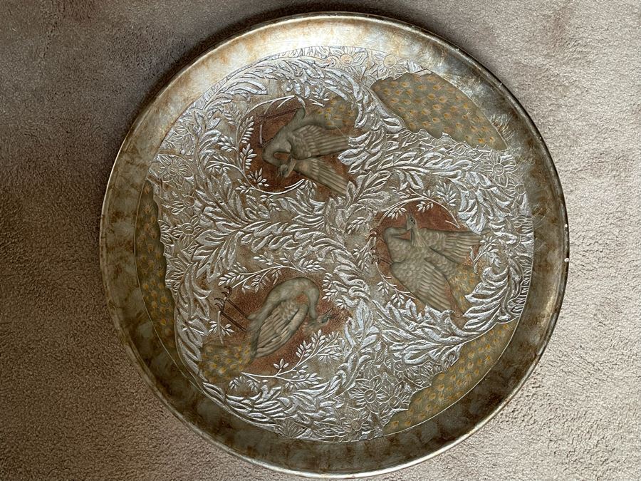 Maitland-Smith Large Decorative Gold Tone Charger Plate With Birds [Photo 4]