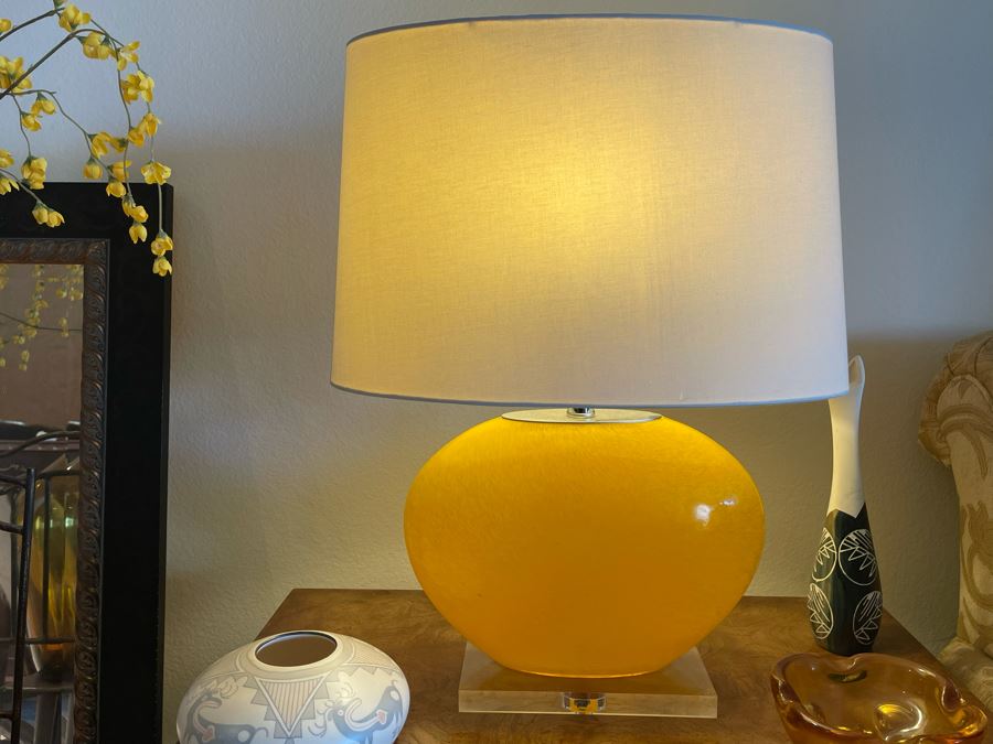 Pair Of Lucite Base Yellow Glass Table Lamps