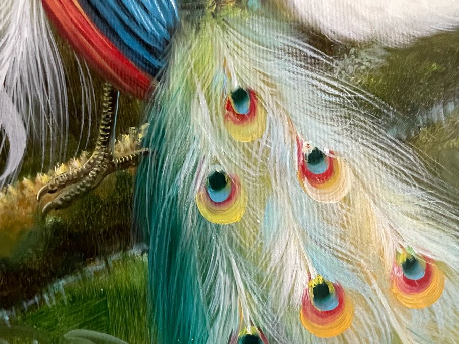 Peacock Birds Painting On Canvas Unsigned 48W X 36H [Photo 7]