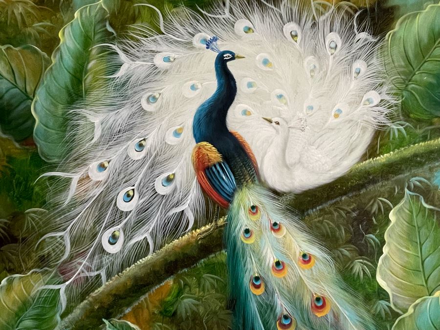 Peacock Birds Painting On Canvas Unsigned 48W X 36H [Photo 4]