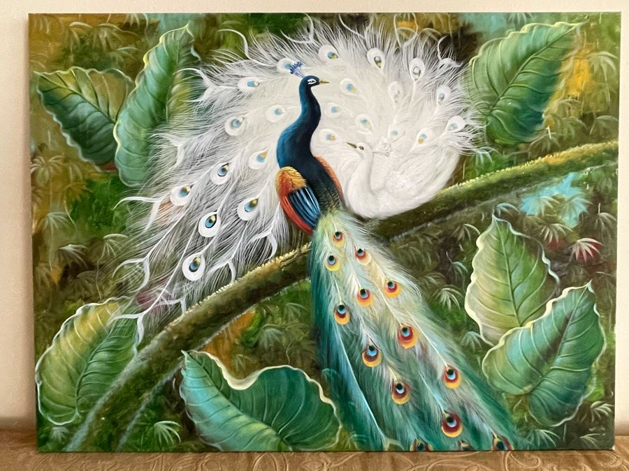 Peacock Birds Painting On Canvas Unsigned 48W X 36H [Photo 2]