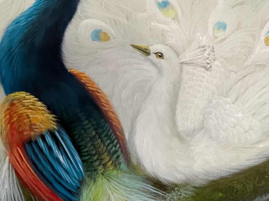 Peacock Birds Painting On Canvas Unsigned 48W X 36H [Photo 5]