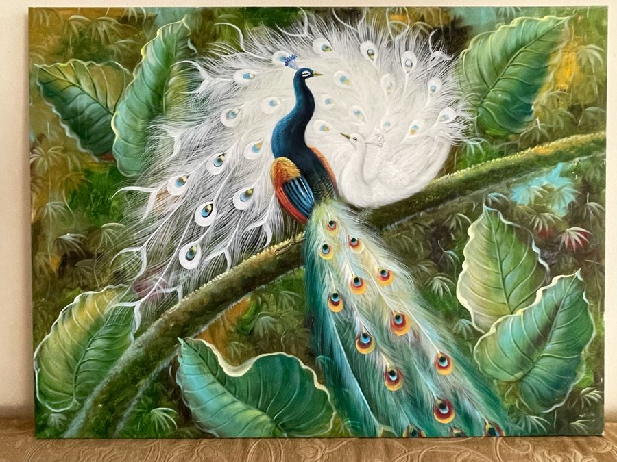 Peacock Birds Painting On Canvas Unsigned 48W X 36H