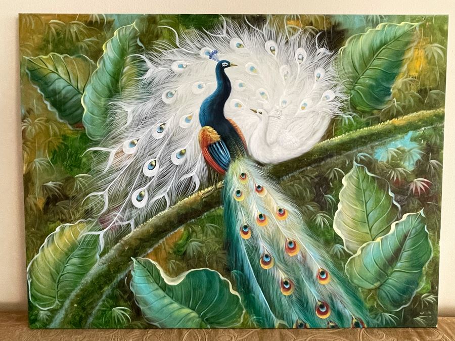 Peacock Birds Painting On Canvas Unsigned 48W X 36H