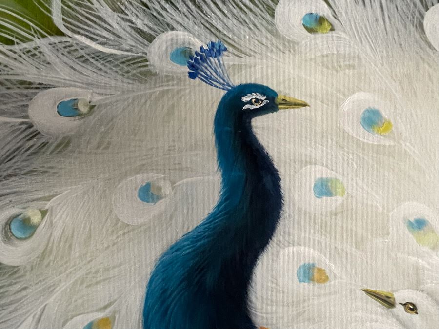 Peacock Birds Painting On Canvas Unsigned 48W X 36H [Photo 6]