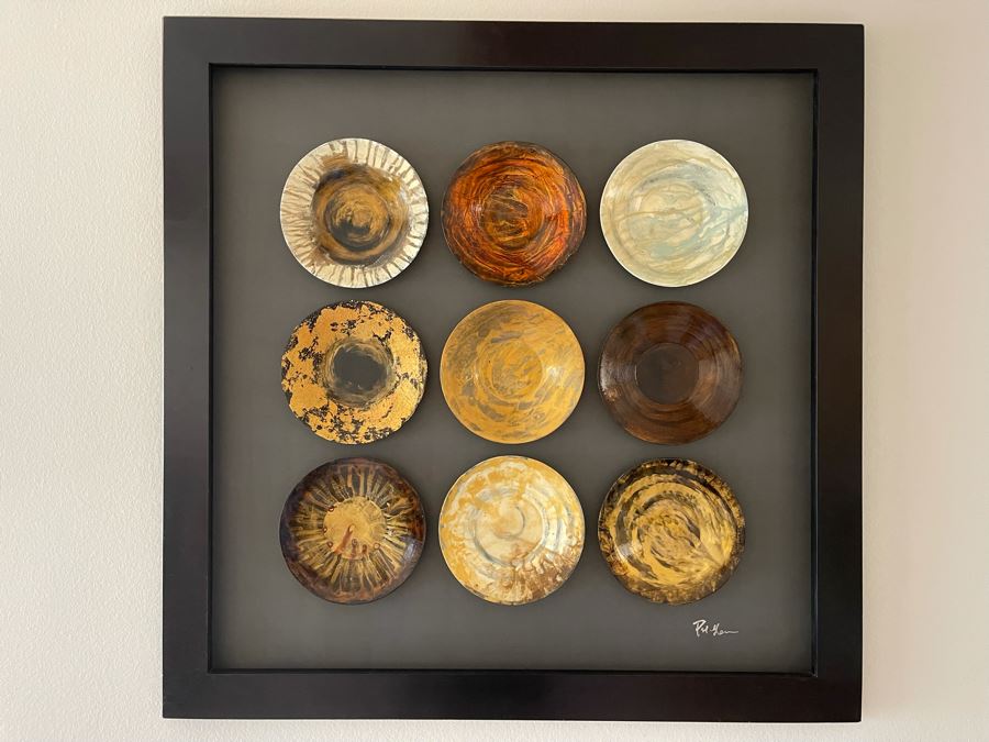 Original Signed Mixed Mixed Artwork Of Nine Framed Hand Painted Plates