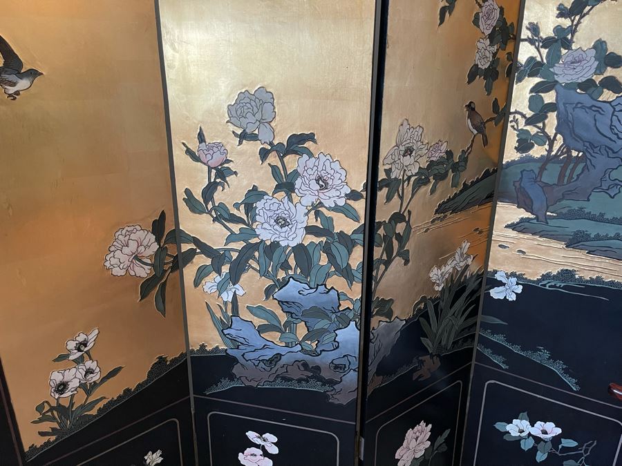 4-Panel Asian Screen Double Sided - One Side Is Gold Tones Other Is Black Tones 64W X 72H [Photo 11]
