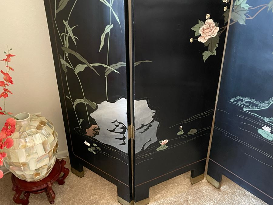 4-Panel Asian Screen Double Sided - One Side Is Gold Tones Other Is Black Tones 64W X 72H [Photo 9]
