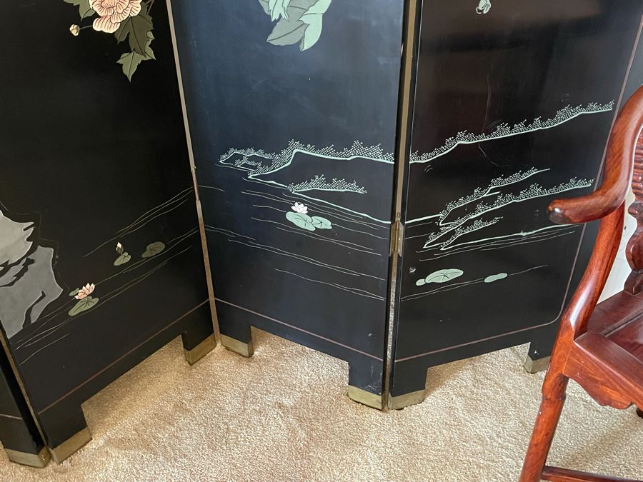 4-Panel Asian Screen Double Sided - One Side Is Gold Tones Other Is Black Tones 64W X 72H [Photo 8]