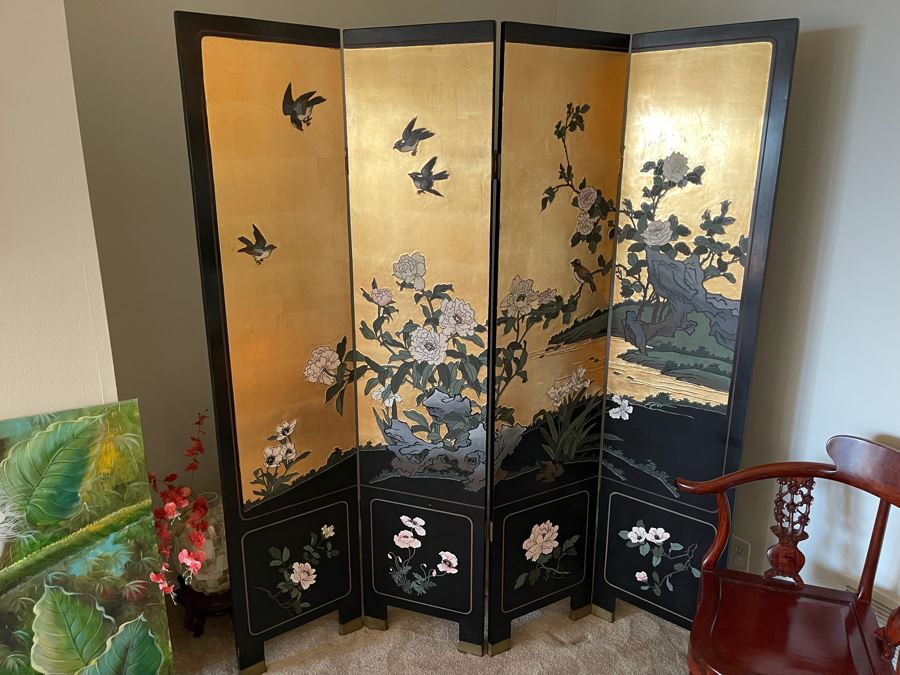 4-Panel Asian Screen Double Sided - One Side Is Gold Tones Other Is Black Tones 64W X 72H [Photo 2]