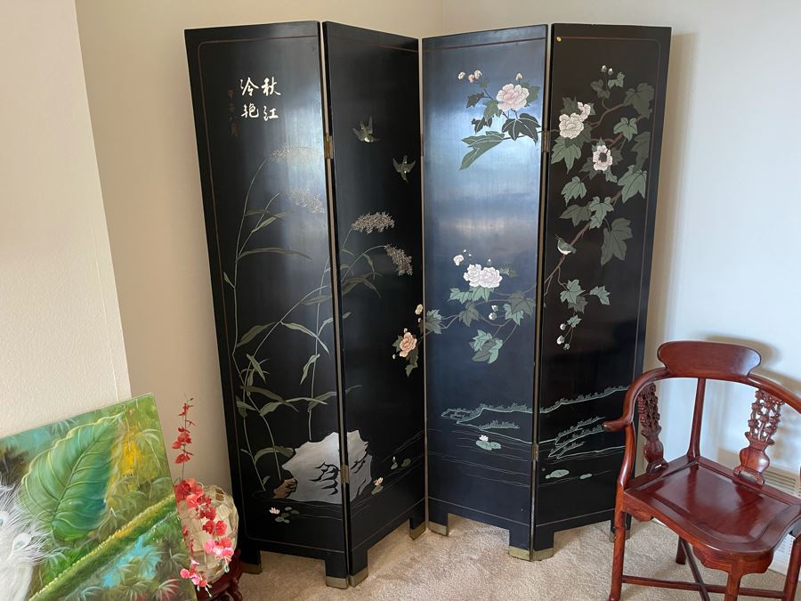 4-Panel Asian Screen Double Sided - One Side Is Gold Tones Other Is Black Tones 64W X 72H [Photo 3]