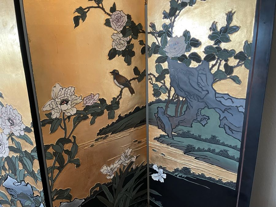 4-Panel Asian Screen Double Sided - One Side Is Gold Tones Other Is Black Tones 64W X 72H [Photo 12]