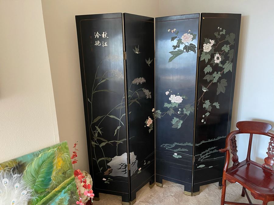 4-Panel Asian Screen Double Sided - One Side Is Gold Tones Other Is Black Tones 64W X 72H [Photo 1]