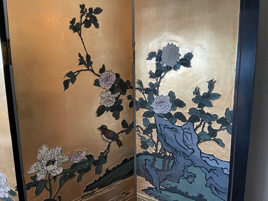 4-Panel Asian Screen Double Sided - One Side Is Gold Tones Other Is Black Tones 64W X 72H [Photo 13]