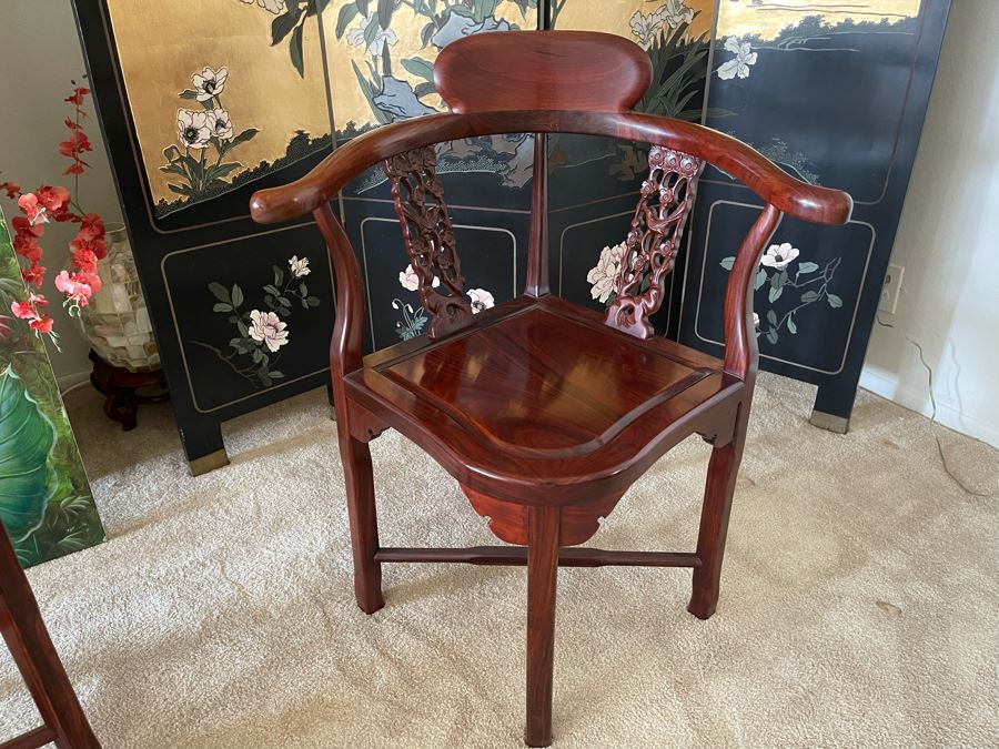 Chinese Carved Rosewood Corner Chair 27W X 22D X 34H