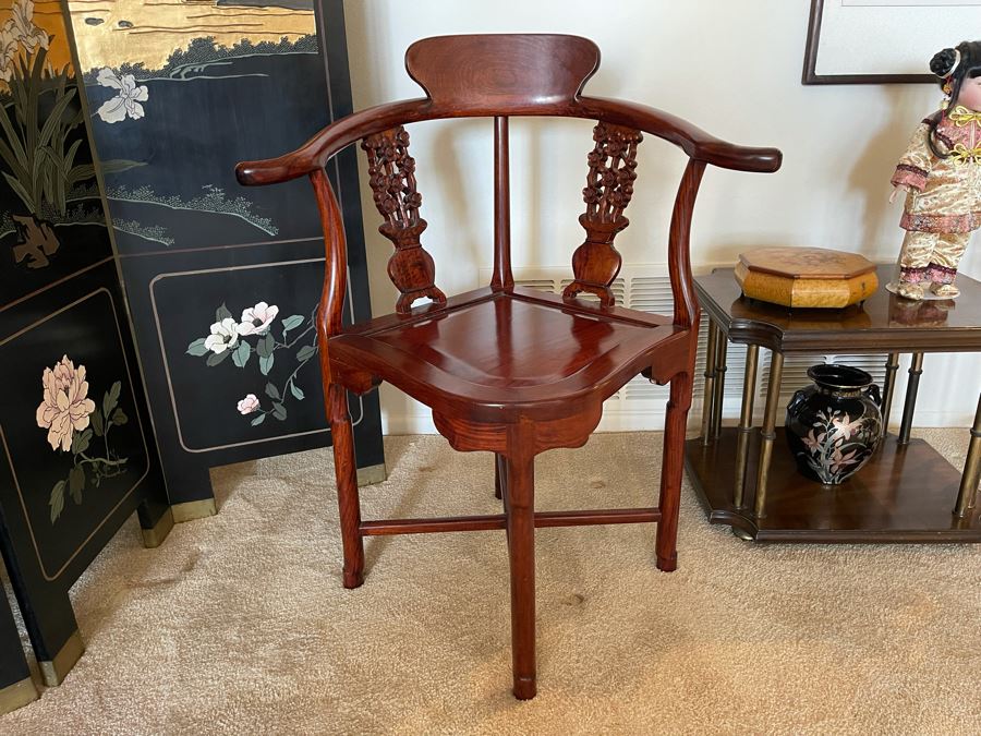 Chinese Carved Wooden Corner Chair 27W X 22D X 33H