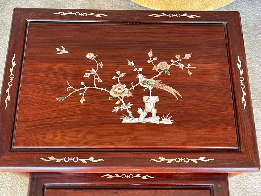 Chinese Mother Of Pearl Inlay Wooden Nesting Tables (3 Tables) 20W X 14D X 26H [Photo 8]