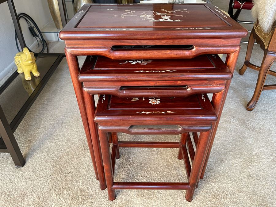 Chinese Mother Of Pearl Inlay Wooden Nesting Tables (3 Tables) 20W X 14D X 26H [Photo 11]