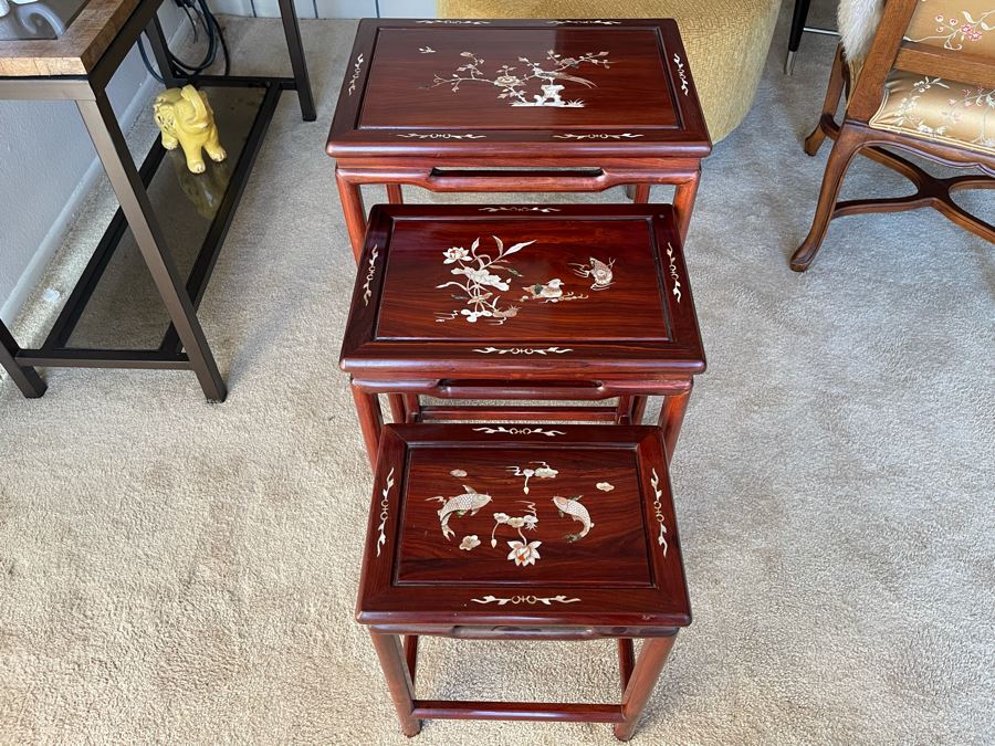 Chinese Mother Of Pearl Inlay Wooden Nesting Tables (3 Tables) 20W X 14D X 26H [Photo 1]
