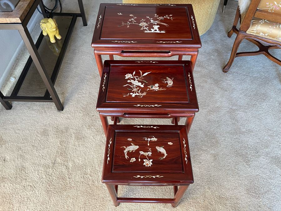 Chinese Mother Of Pearl Inlay Wooden Nesting Tables (3 Tables) 20W X 14D X 26H [Photo 3]