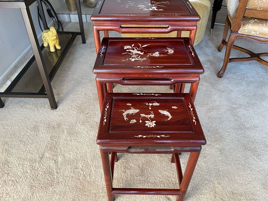 Chinese Mother Of Pearl Inlay Wooden Nesting Tables (3 Tables) 20W X 14D X 26H [Photo 10]