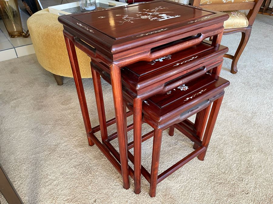Chinese Mother Of Pearl Inlay Wooden Nesting Tables (3 Tables) 20W X 14D X 26H [Photo 2]