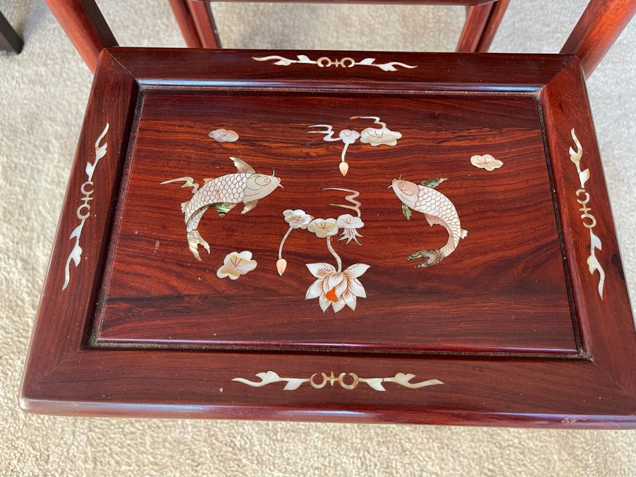 Chinese Mother Of Pearl Inlay Wooden Nesting Tables (3 Tables) 20W X 14D X 26H [Photo 4]