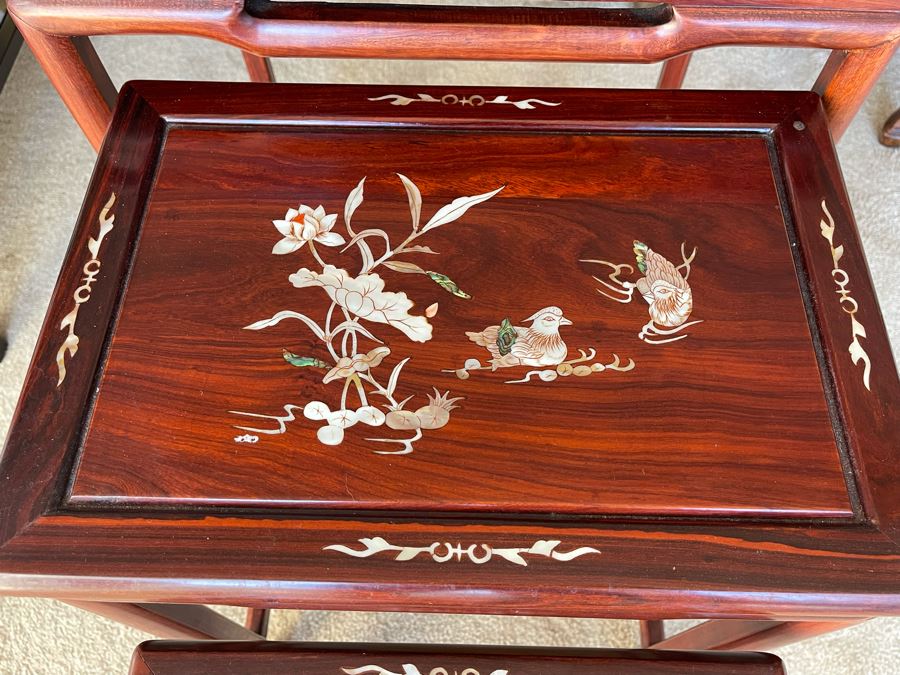 Chinese Mother Of Pearl Inlay Wooden Nesting Tables (3 Tables) 20W X 14D X 26H [Photo 6]
