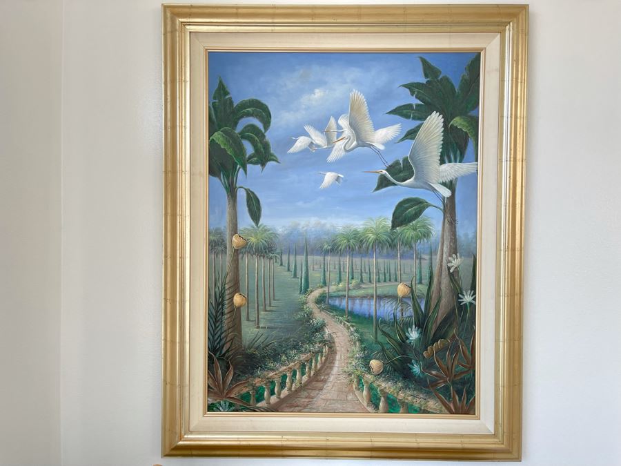 Large Signed Painting Of Cranes In Flight Signature Illegible 36W X 48H [Photo 4]