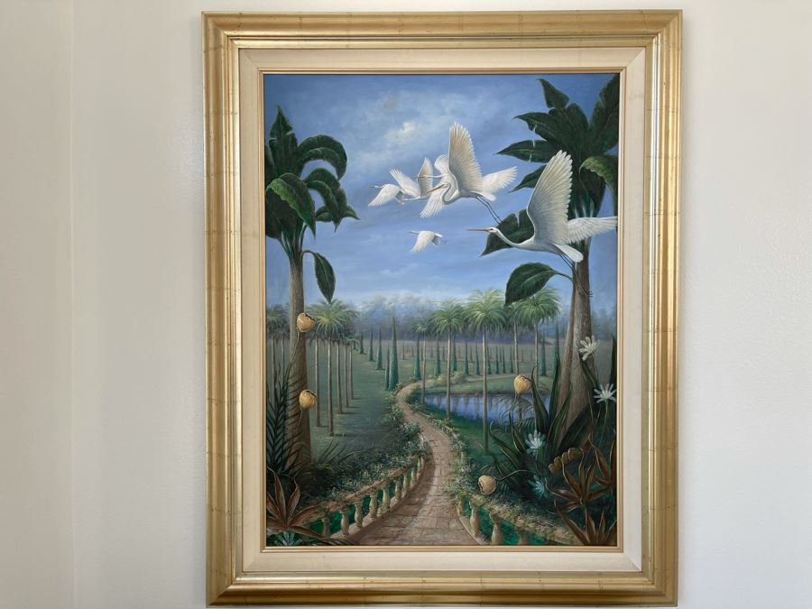 Large Signed Painting Of Cranes In Flight Signature Illegible 36W X 48H [Photo 2]