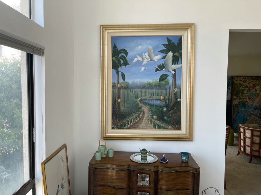 Large Signed Painting Of Cranes In Flight Signature Illegible 36W X 48H [Photo 3]