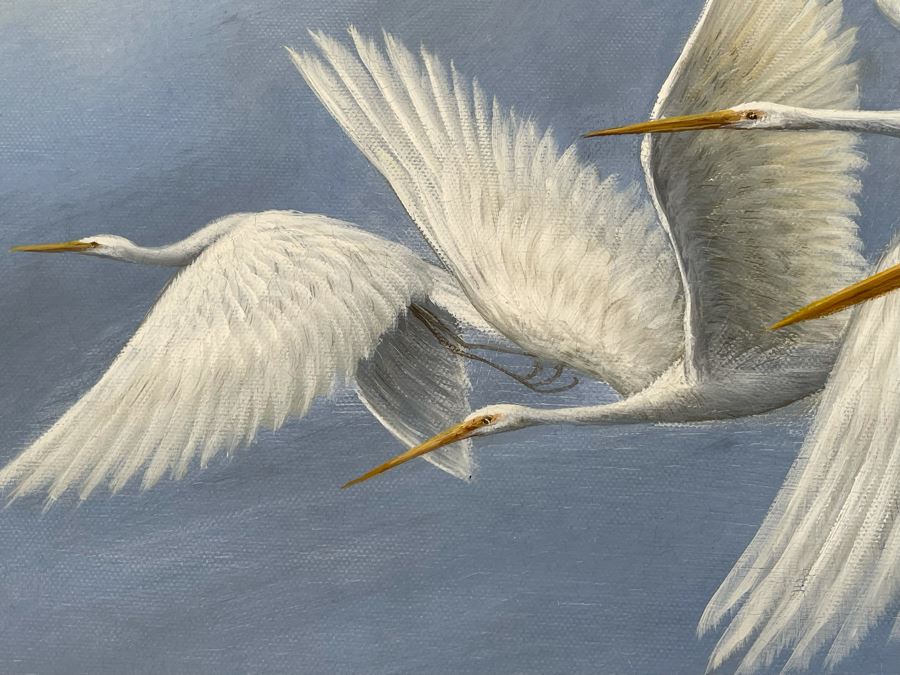 Large Signed Painting Of Cranes In Flight Signature Illegible 36W X 48H [Photo 7]