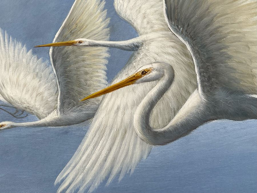 Large Signed Painting Of Cranes In Flight Signature Illegible 36W X 48H [Photo 6]