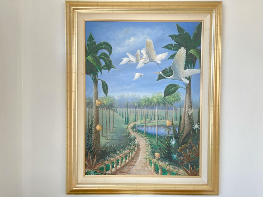 Large Signed Painting Of Cranes In Flight Signature Illegible 36W X 48H [Photo 1]