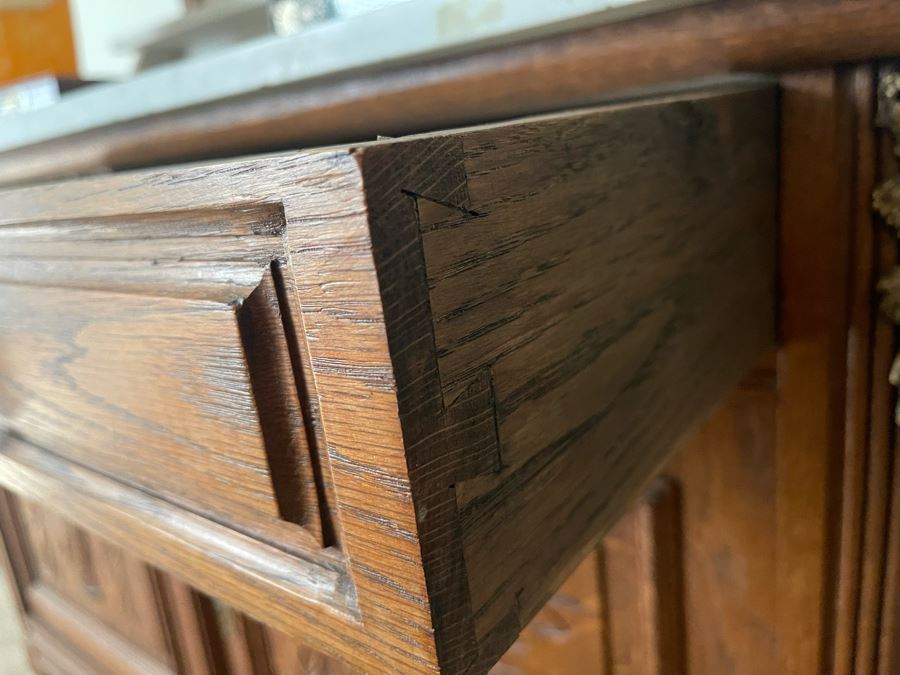 Vintage Carved Oak Chest With Marble Top And Mirror 48W X 22D X 75H [Photo 9]