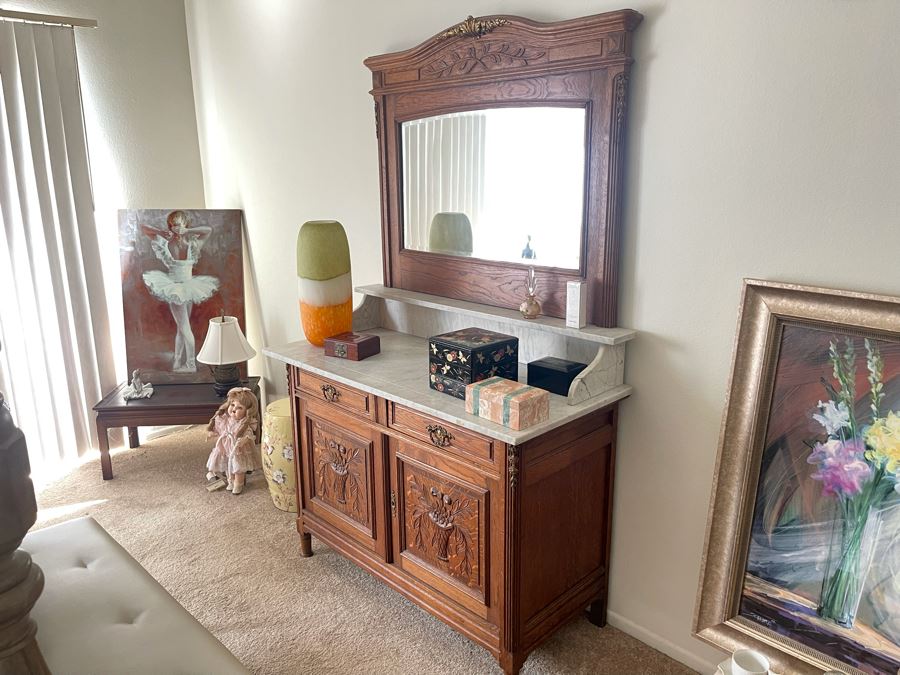 Vintage Carved Oak Chest With Marble Top And Mirror 48W X 22D X 75H [Photo 4]