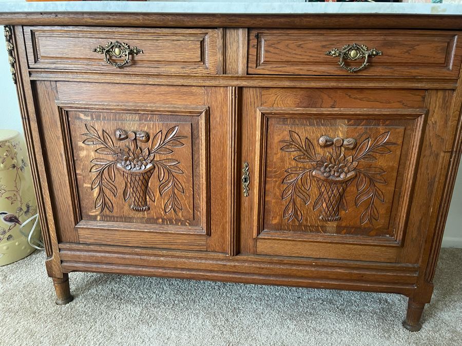 Vintage Carved Oak Chest With Marble Top And Mirror 48W X 22D X 75H [Photo 5]